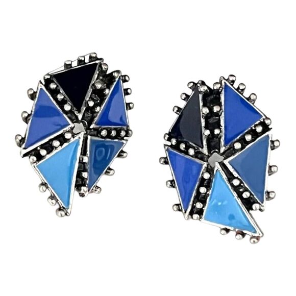 Vintage Earrings Blue Enamel Antique Silver Tone 80s Retro Glam 1H - Picture 1 of 4